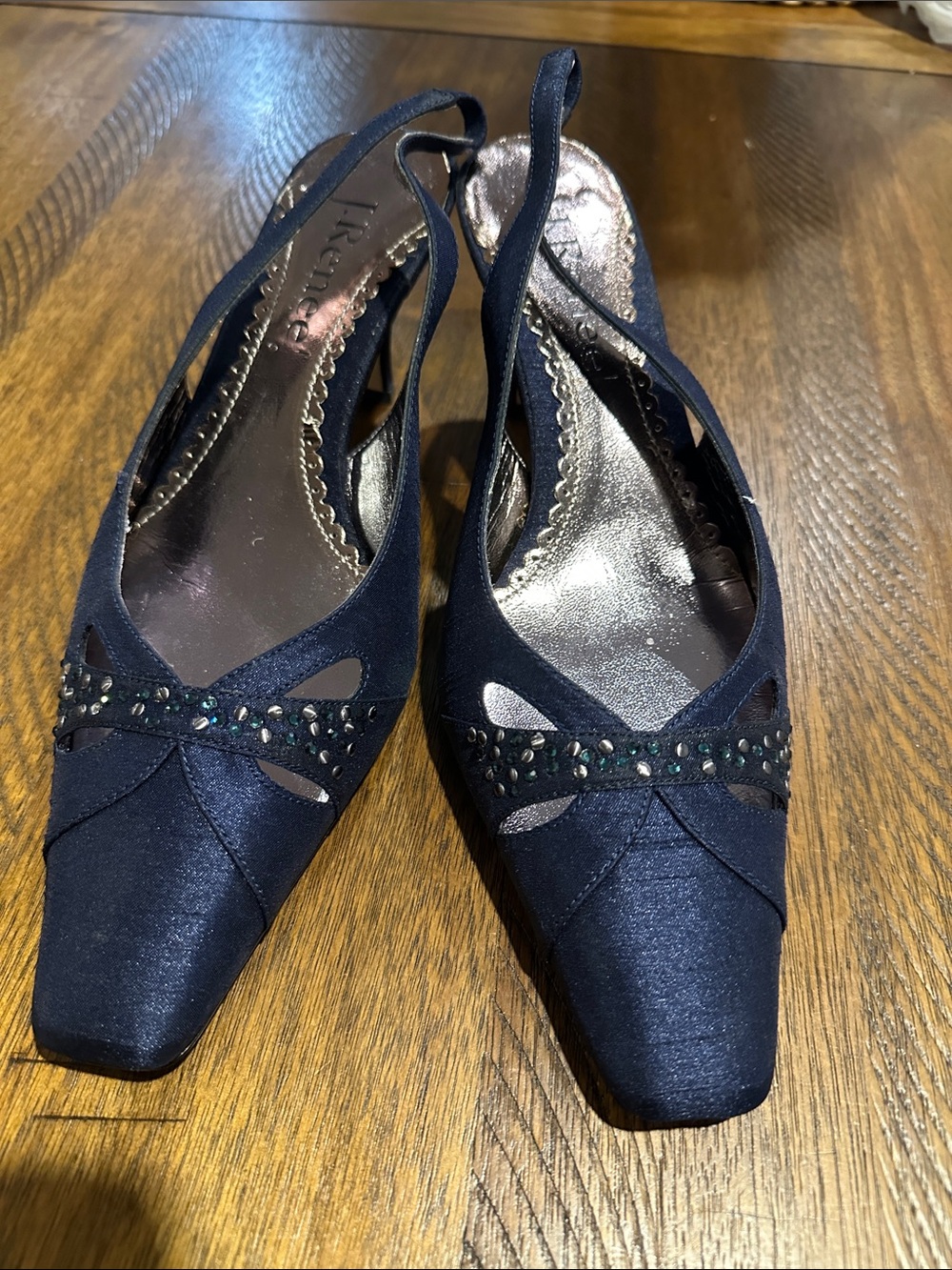 J.Renee Navy Slingback Heels with Crystal Accent